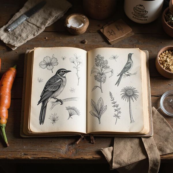Open botanical journal with bird and plant sketches on a wooden table.