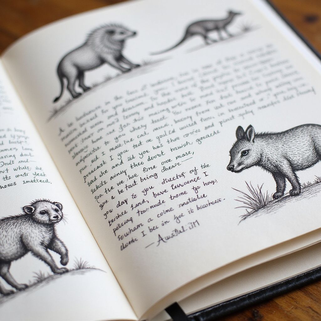 Open journal with animal illustrations and handwritten text.
