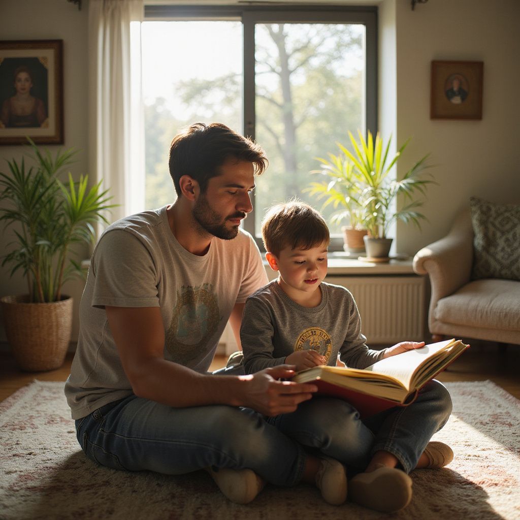 Father and son sit on a rug, reading a book in a sunlit room.