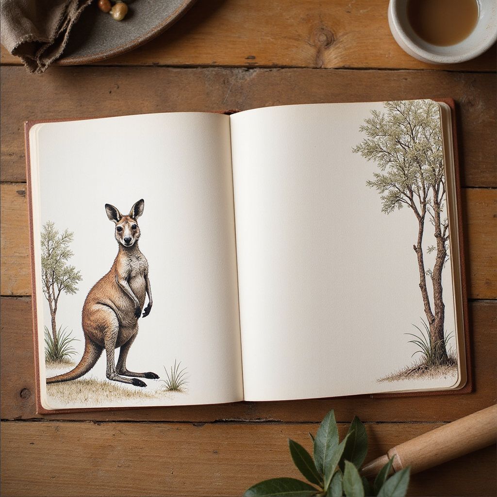 Kangaroo illustration in an open book on a wooden table with trees.
