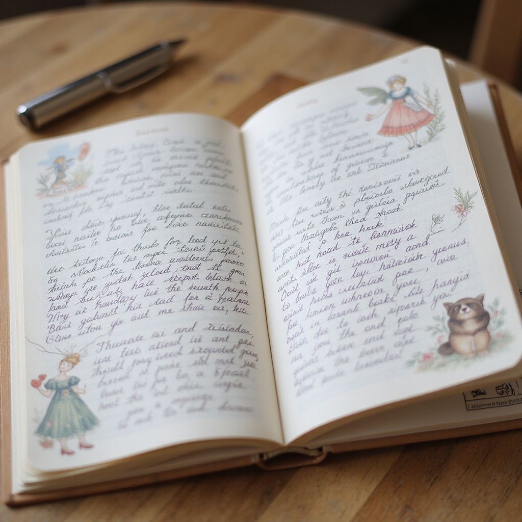 Open journal with handwritten text and illustrations on a wooden table. A pen lies in the background.