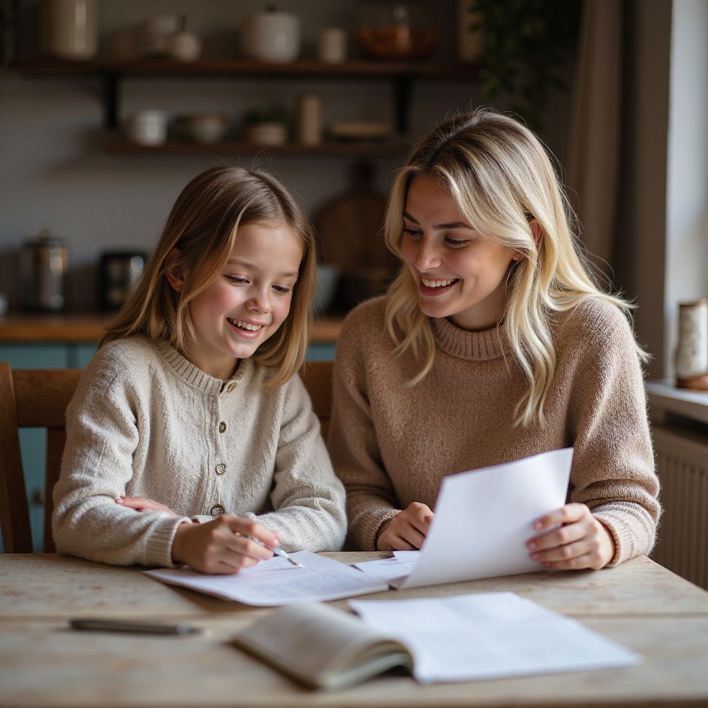 Woman and girl smiling, working on papers at a table in a kitchen.