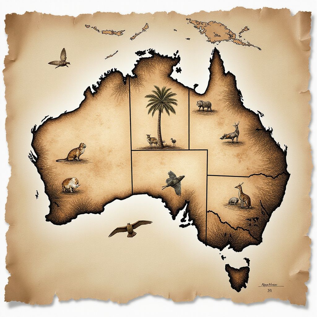 Australia map with sketched animals and a palm tree on aged paper.