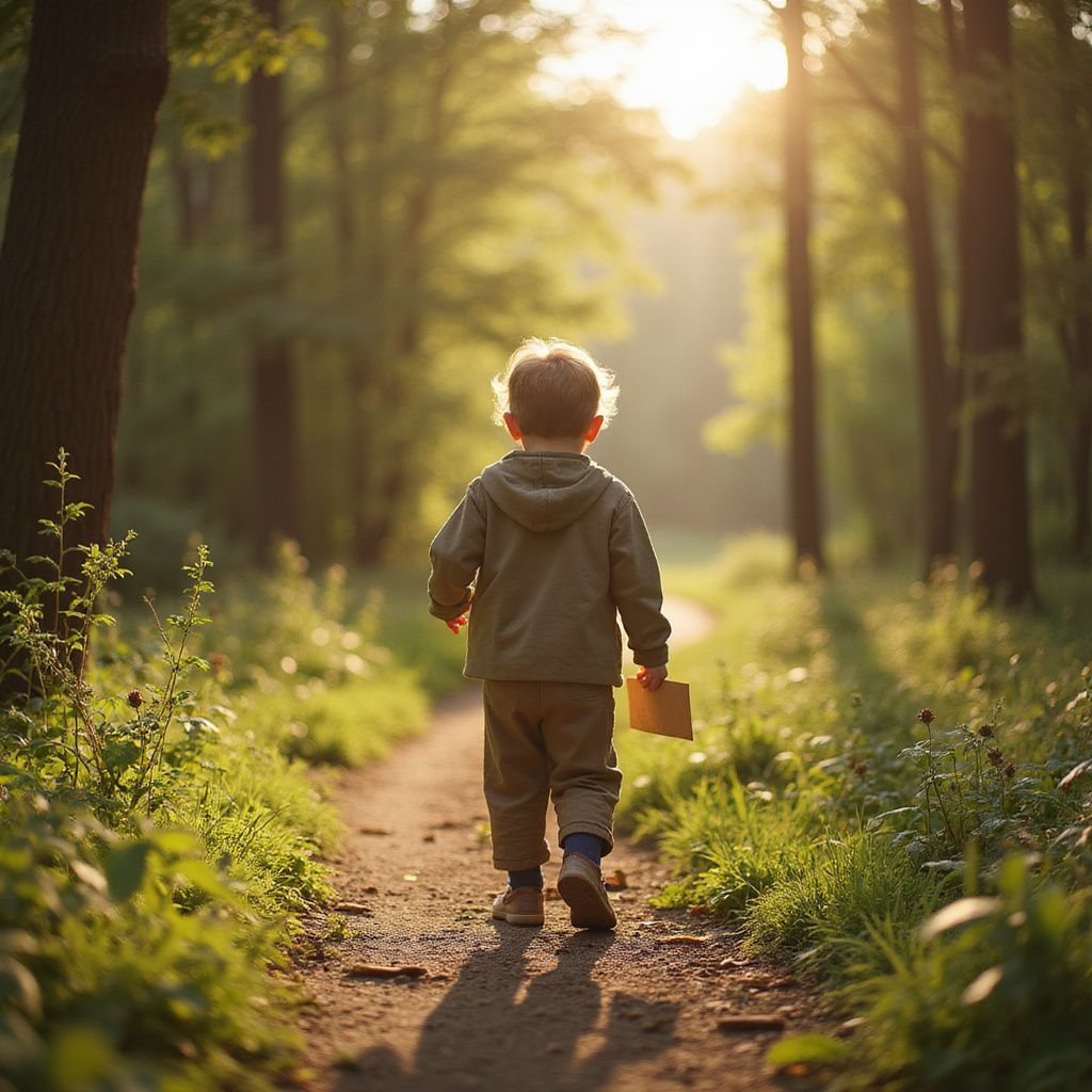 Young child walking on a path through a sunlit forest, holding a small paper.