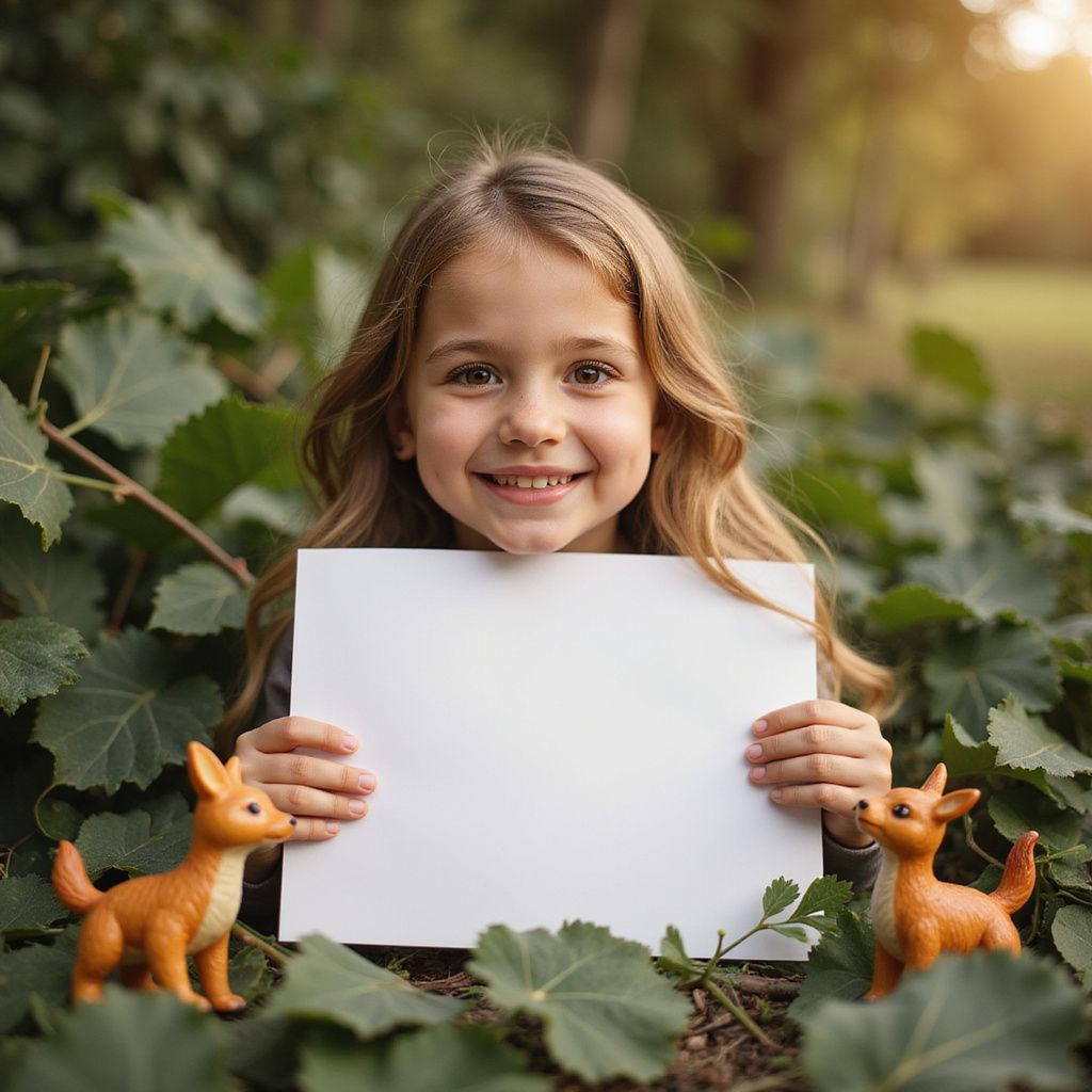 Young girl with blonde hair smiles, holding a blank white sign surrounded by foliage and two toy foxes.