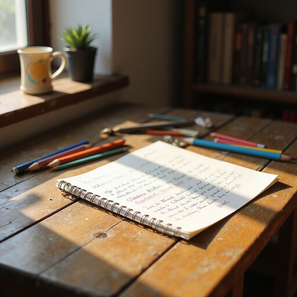 Wooden desk with open notebook, colored pencils, mug, and sunlight.