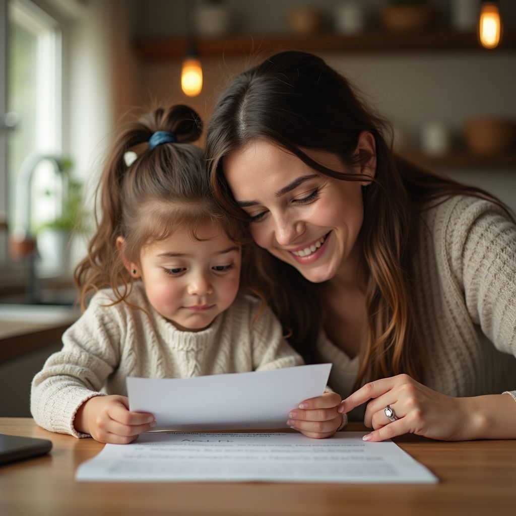 Mother and daughter looking at a paper together, smiling. They sit at a wooden table in a kitchen.