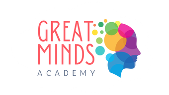 the logo for great minds academy shows a colorful head with circles around it .