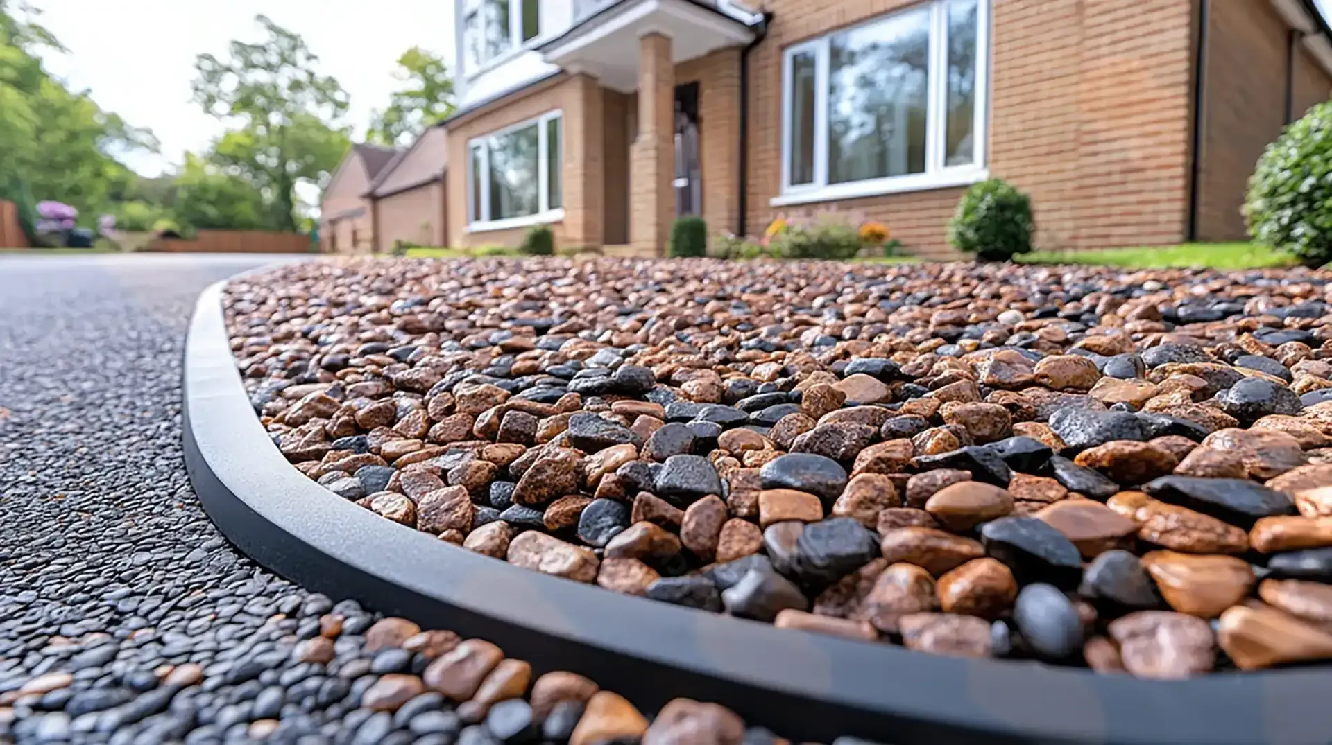 Close-up view of a gravel driveway in front of a brick house. The driveway features a dark border and a mix of brown and black stones.