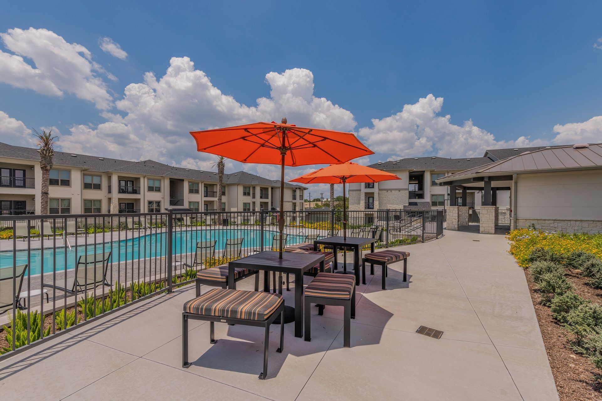 Poolside table at Palmetto Pointe in San Antonio, TX.