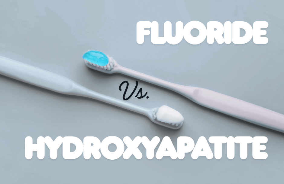 Toothbrush illustration comparing fluoride and hydroxyapatite