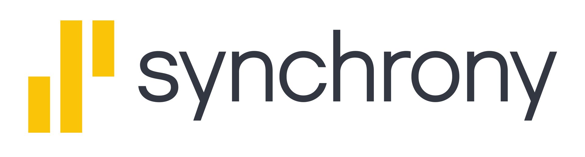 Synchrony logo: Yellow bar chart graphic next to the word "synchrony" in dark gray.
