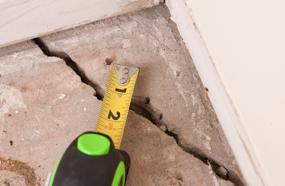 A picture of a cracked foundation in a house.