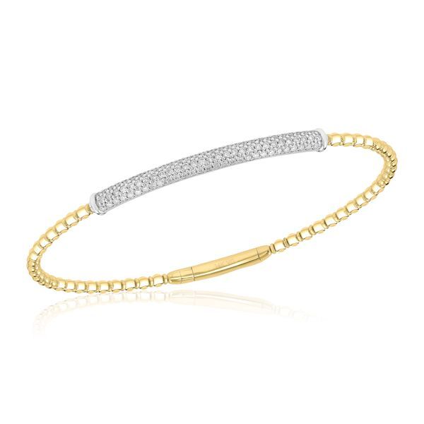 A yellow and white gold bracelet with diamonds on a white background.