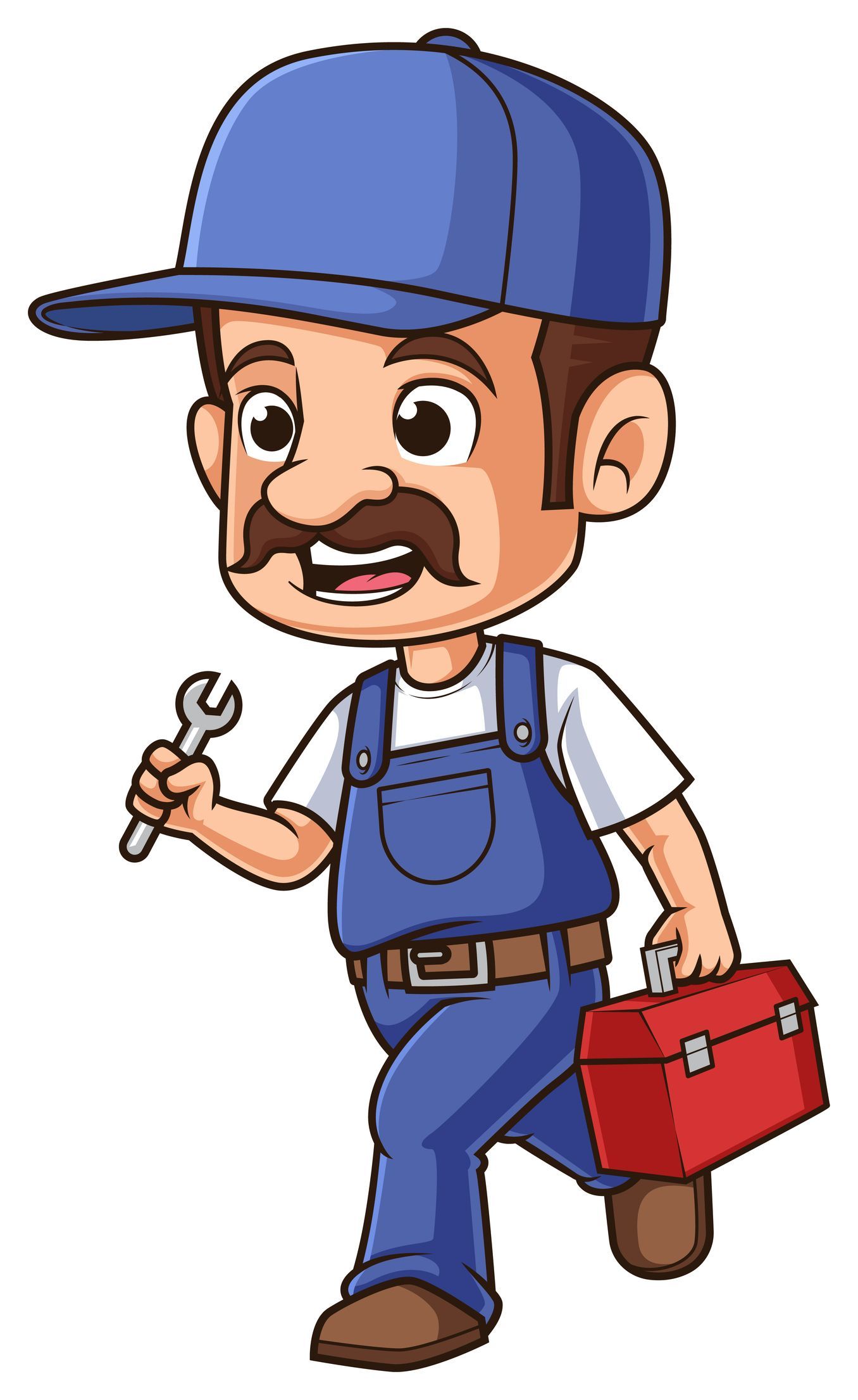 Plumber cartoon man with red tool box and wrench.