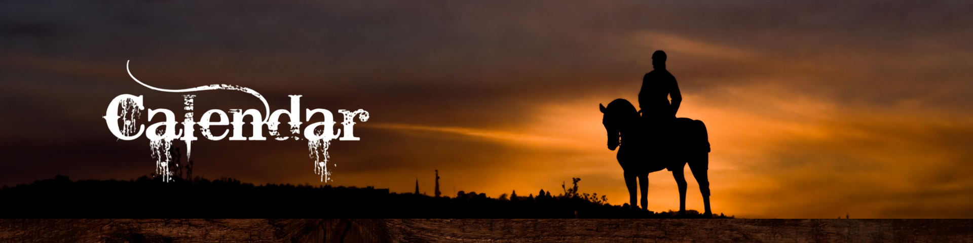 A silhouette of a person on horseback against a golden sunset, with the word 