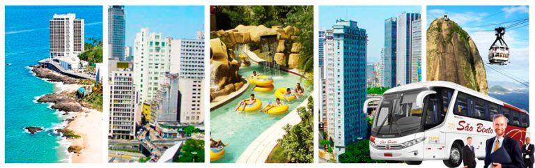 Colagem: praia, horizonte da cidade, parque aquático com boias, edifícios, ônibus da viação São Bento
