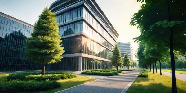 Modern city park with glass office buildings in the background.