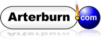 A logo for arterburn com with a blue ball and a flame