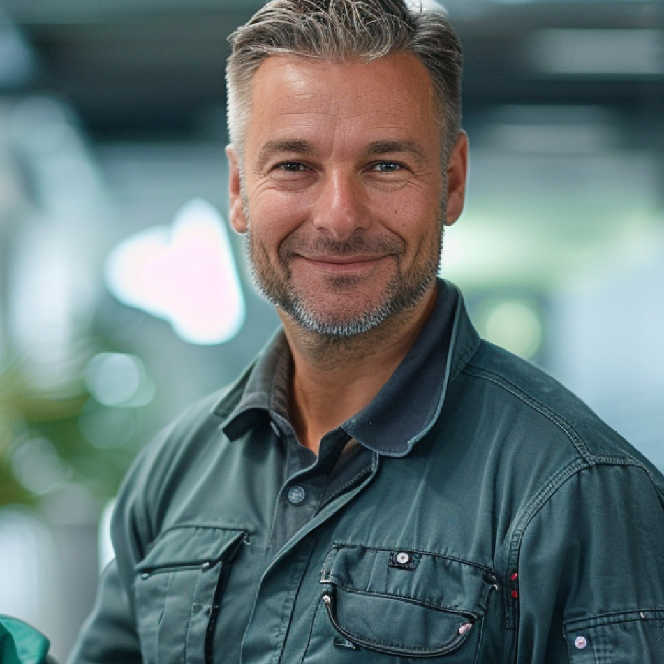 A man with a beard is wearing a green jacket and smiling for the camera.