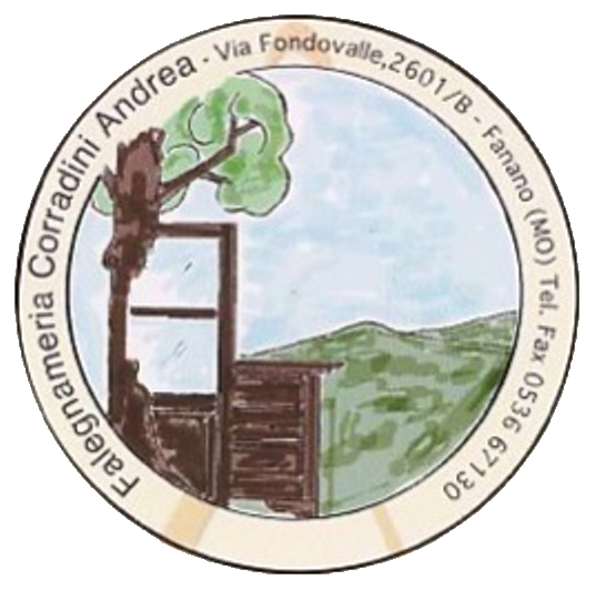 Logo circolare: Falegnameria Corradini Andrea. Scena di finestra con albero, montagne e numero di telefono.