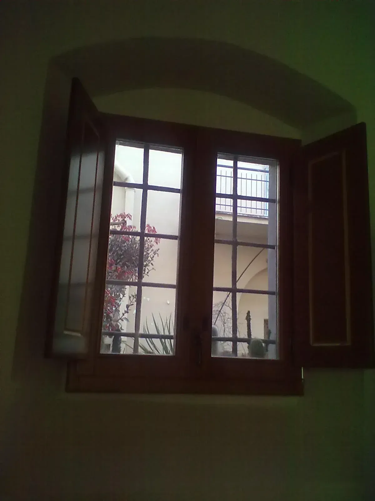 Finestra con telaio in legno e persiane aperte. Vista su un cortile esterno con verde.