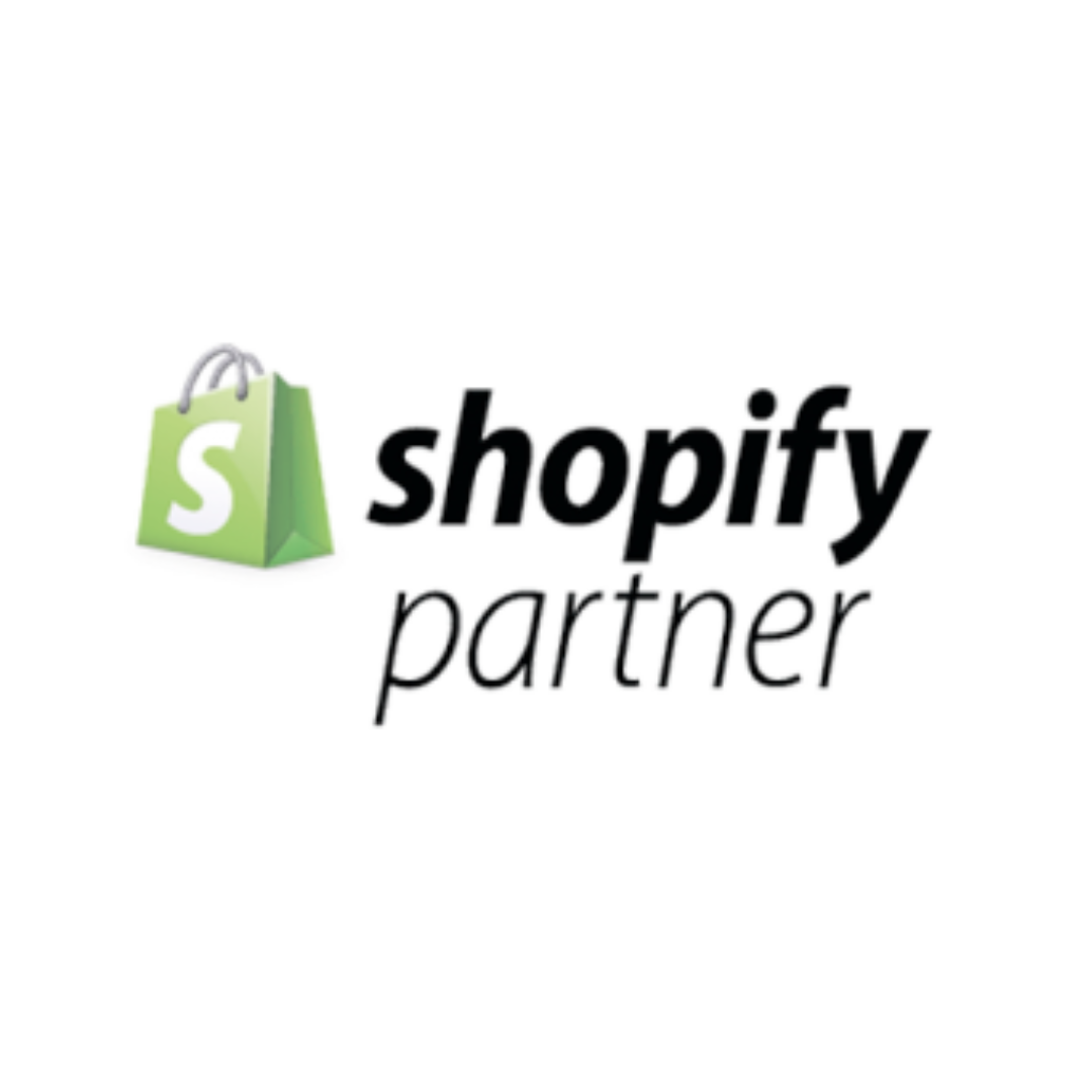 A shopify partner logo with a green shopping bag