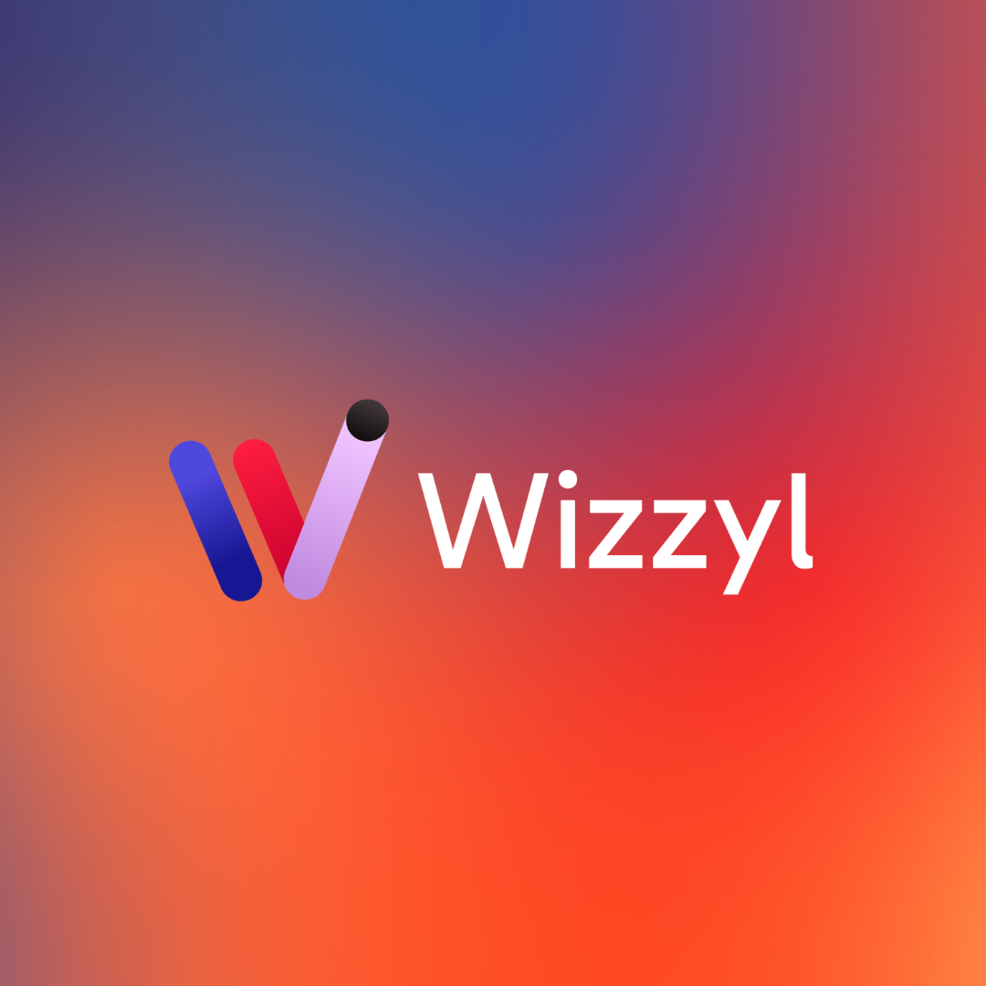 A logo for a company called wizzyl on a colorful background