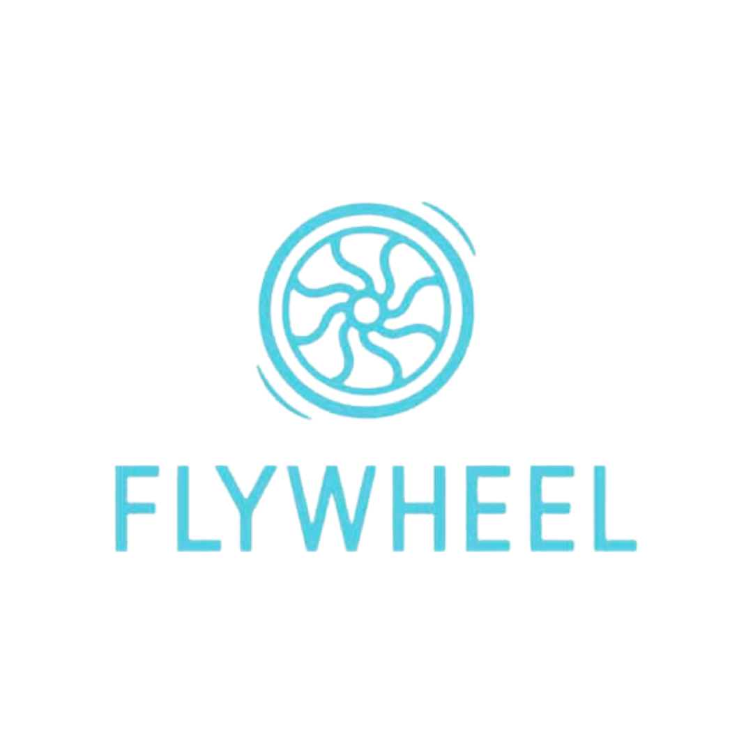 A logo for a company called flywheel with a wheel in the middle.