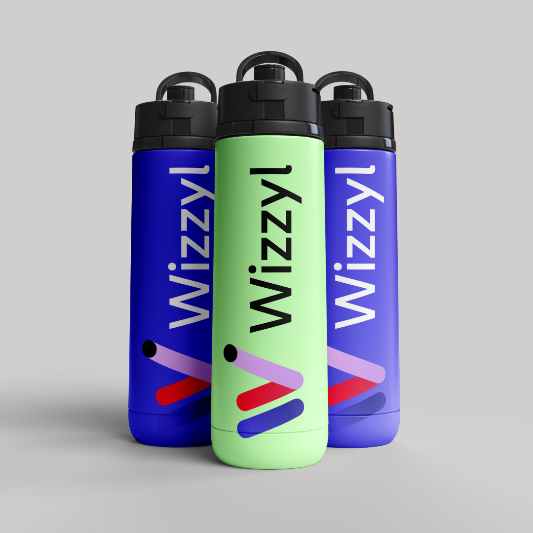 Three water bottles with the name wizzyl on them