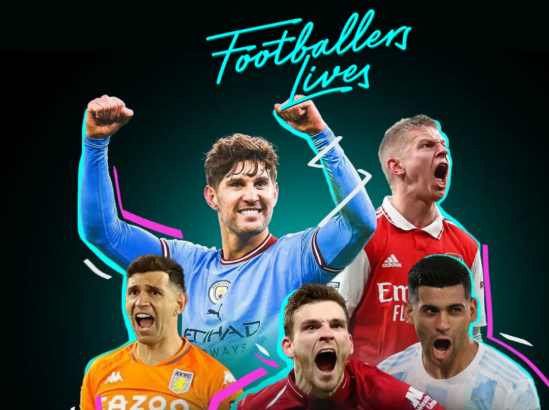 Five soccer players celebrating, neon text