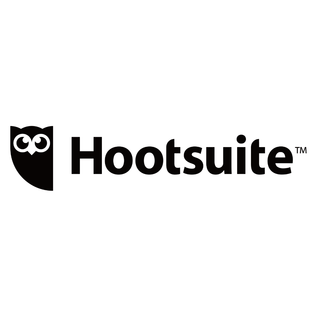A black and white logo for hootsuite with an owl on it.