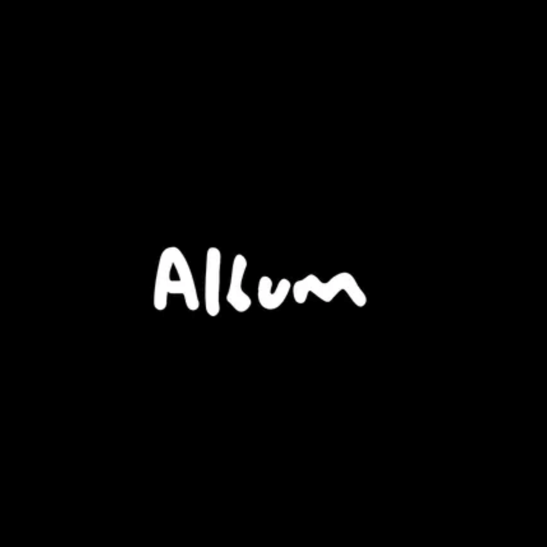 The word album is written in white on a black background.