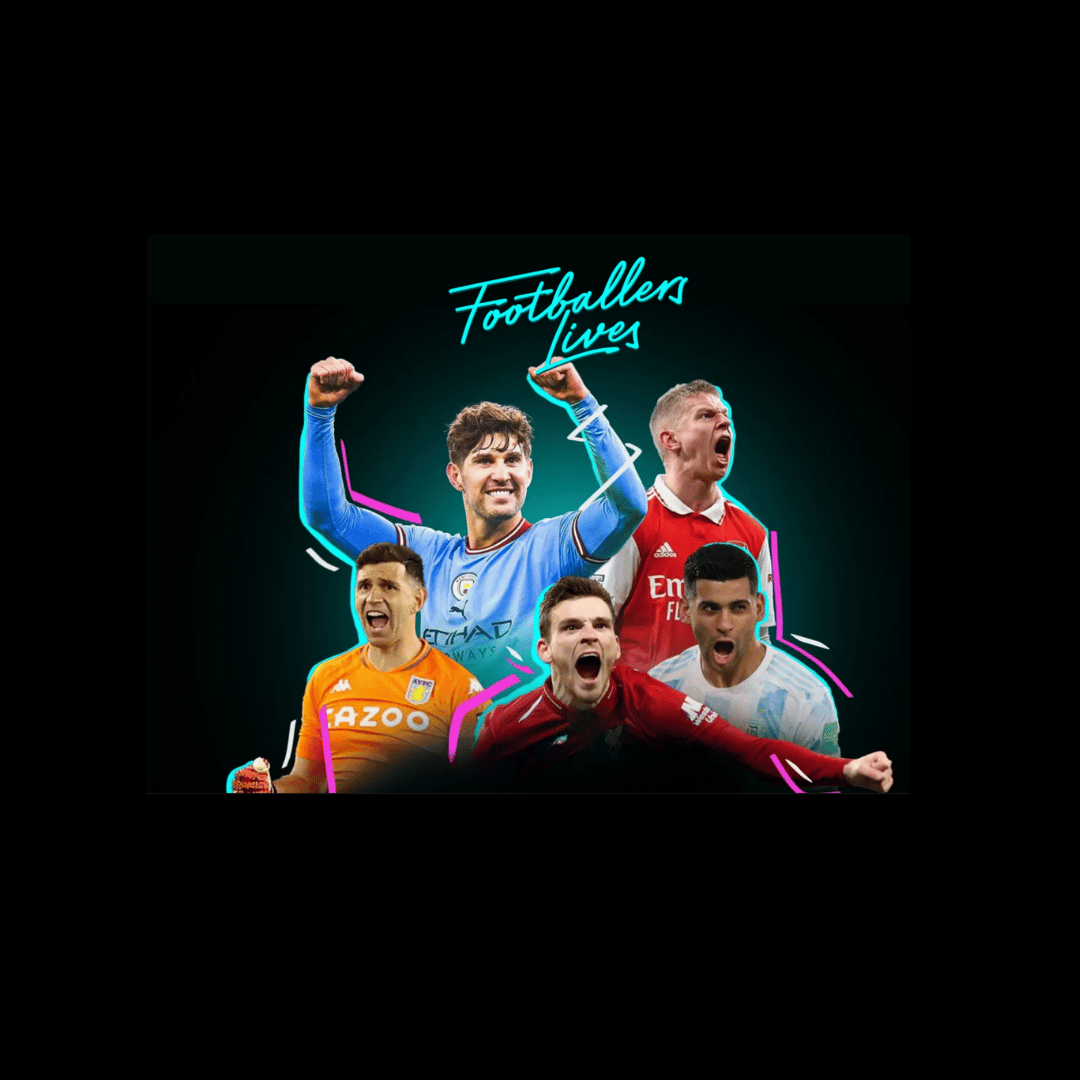 A group of soccer players are standing next to each other on a black background.