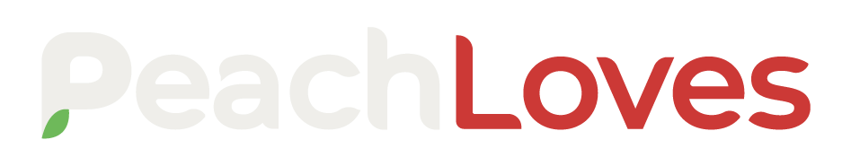 Peach loves is written in red and white on a white background