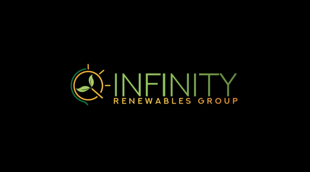 Logo for Infinity Renewables Group: green text, circular design with leaves and sunburst.