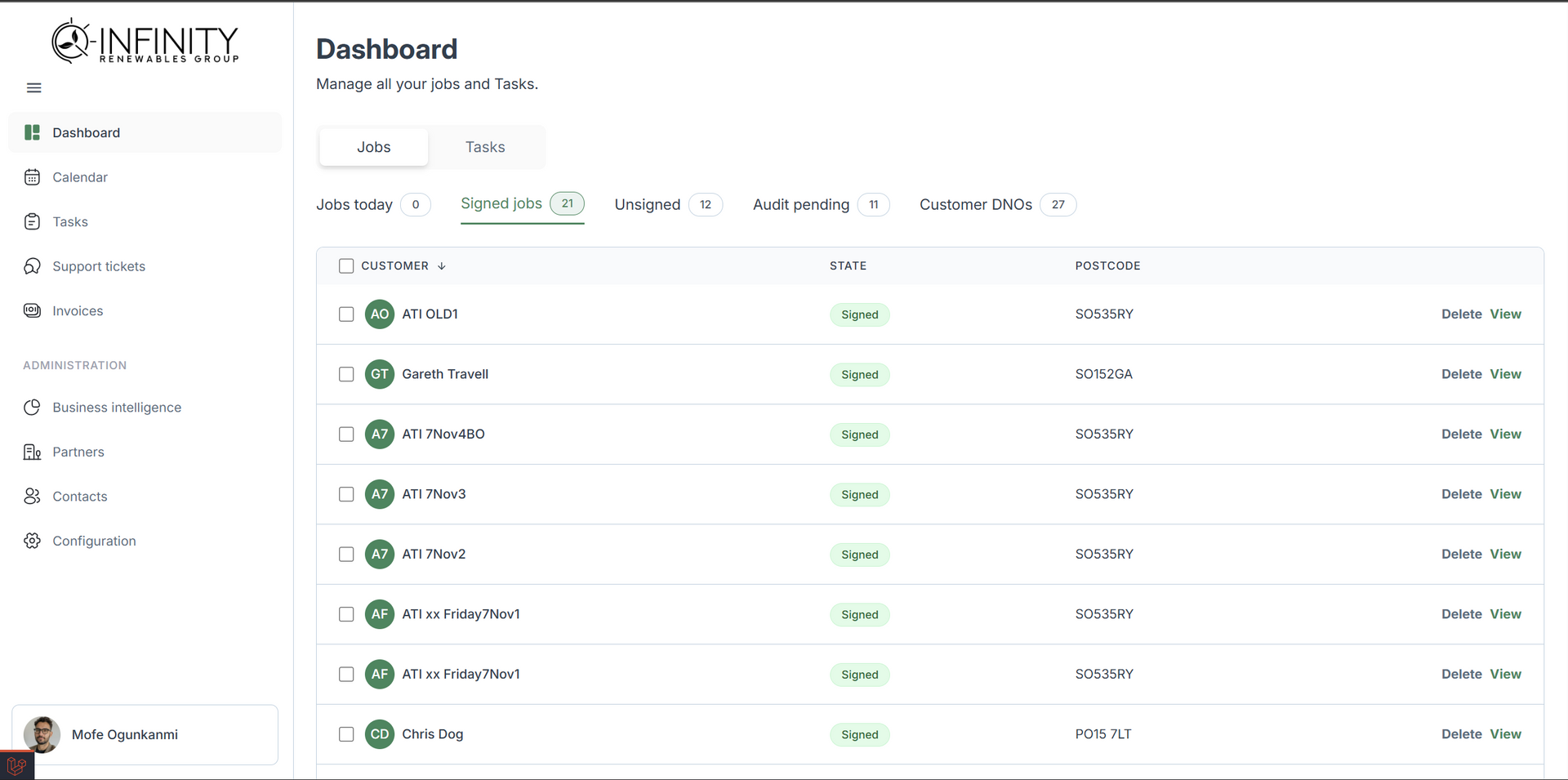 Dashboard with a table of data, the page has a side menu.