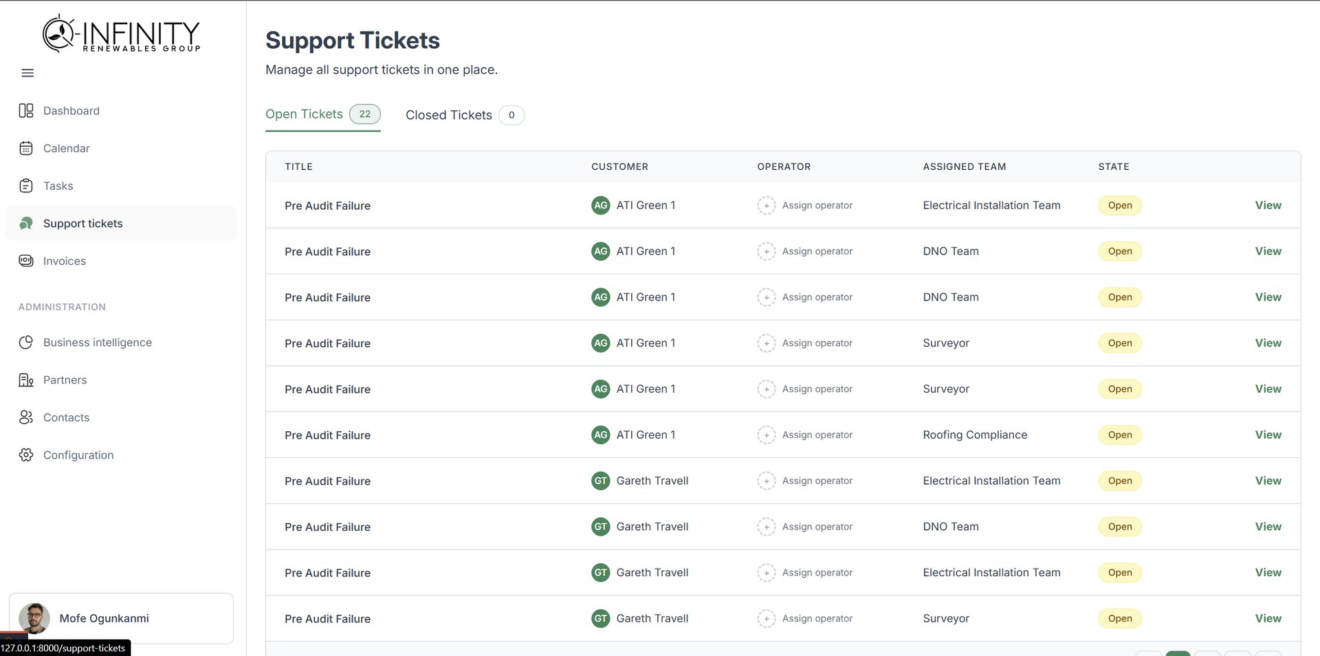 Dashboard displaying support tickets, organized in a table with columns for subject, status, and actions.