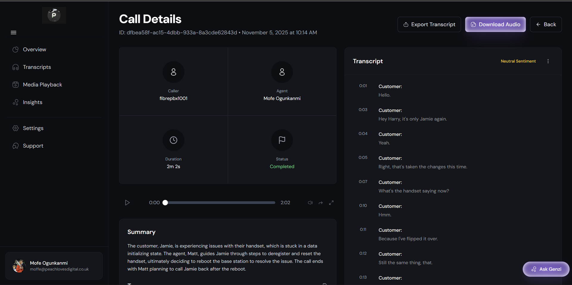 Call details interface with black background, icons, timeline, and text with purple accents.
