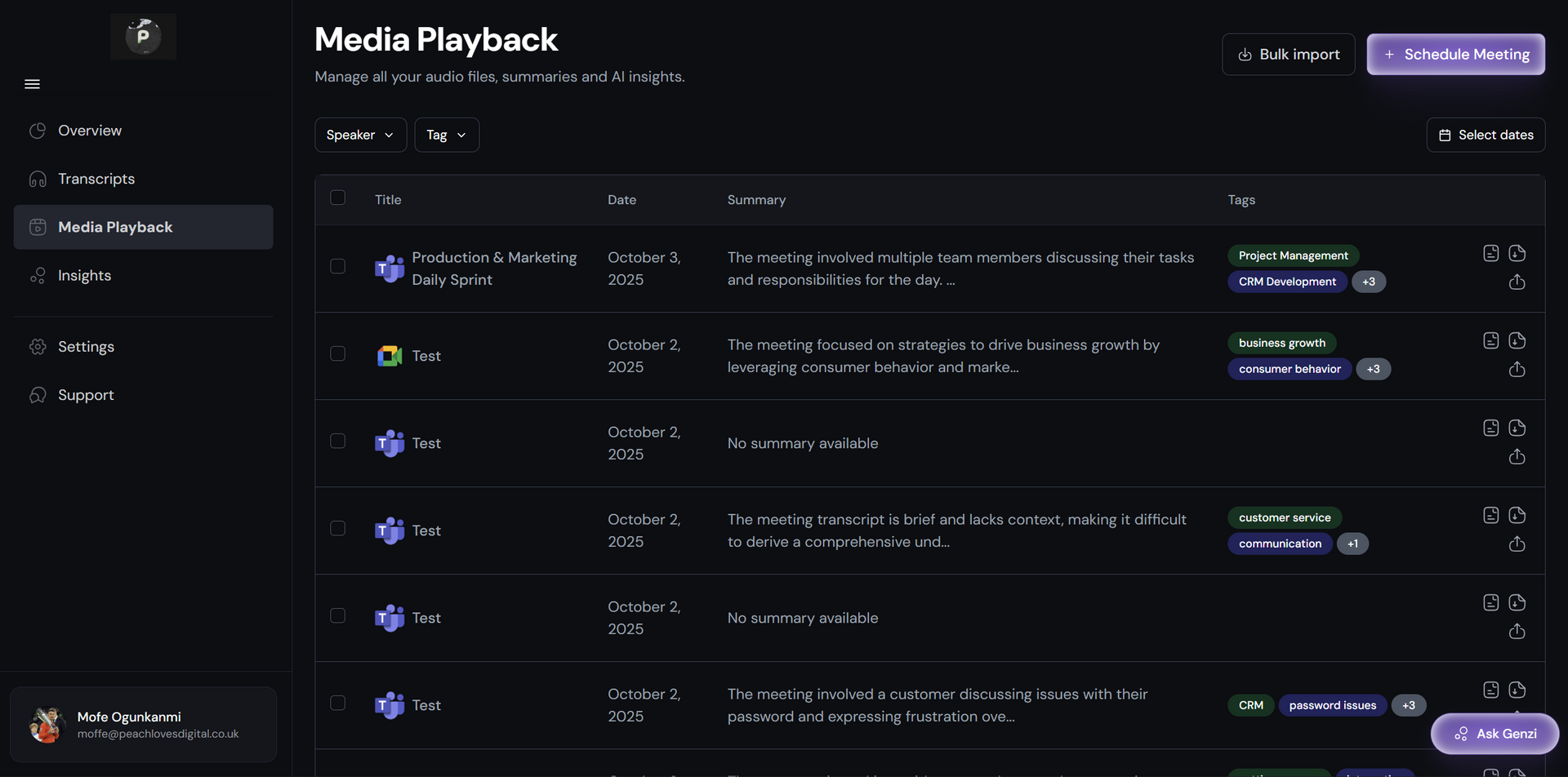 Dark mode media playback dashboard with a list of media items.