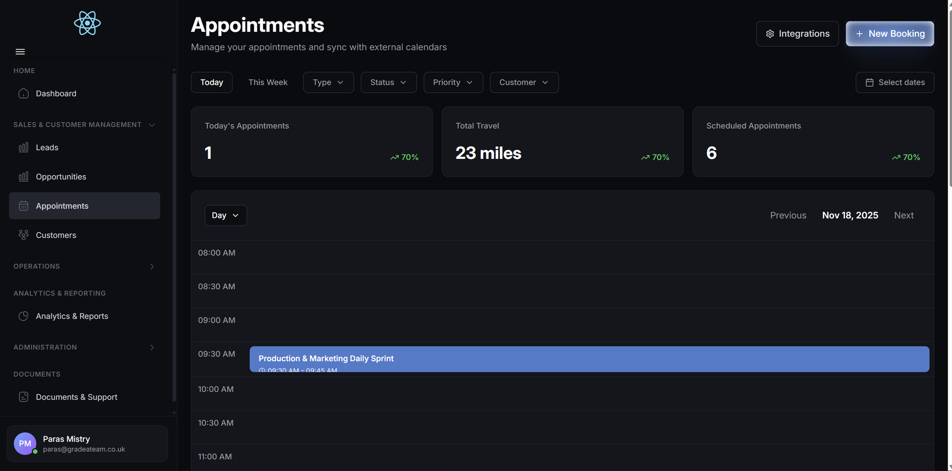 Dark-themed appointments dashboard with summary cards and a list of appointments. A highlighted appointment is visible.