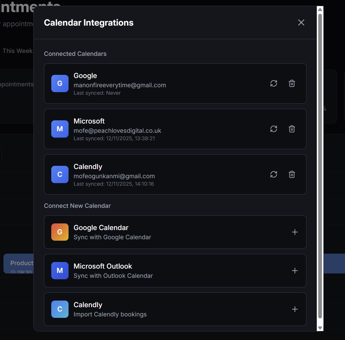 Calendar integrations interface with options for Google, Microsoft, and Calendly calendars.