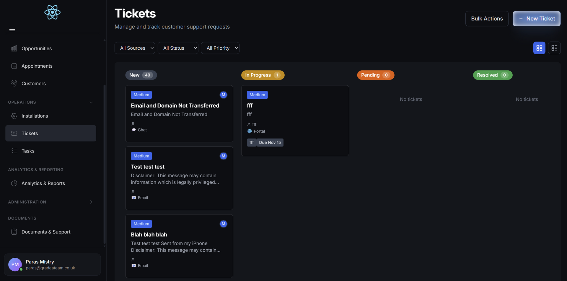 A dark-themed interface displaying ticket information. Various tickets are listed, categorized with color-coded labels.