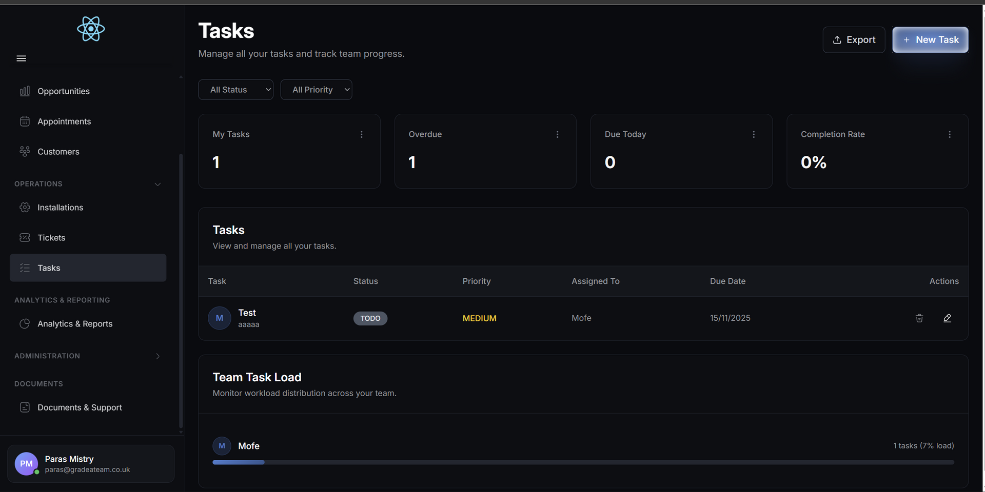 Dark user interface for task management, with a navigation menu and task list.