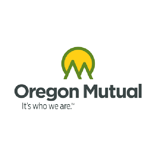 Oregon Mutual logo: Mountain icon within a yellow circle, over dark gray text.