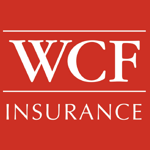Logo for WCF Insurance, white text on red background: 