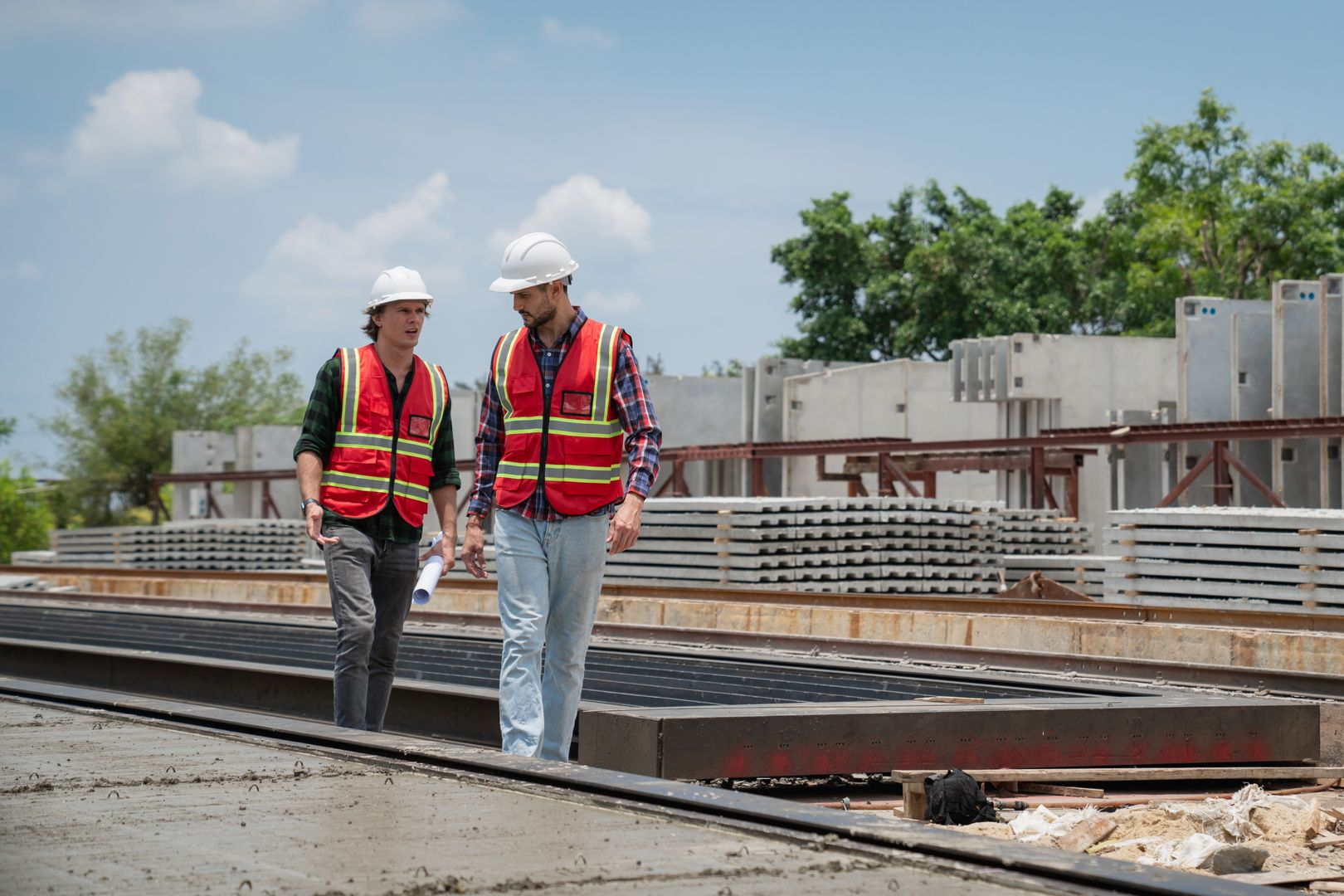 Two construction workers in hard hats and vests walk on a concrete pathway beside stacks of concrete panels.