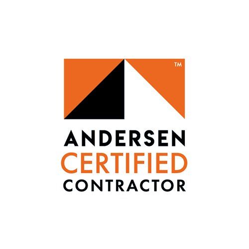 Logo for Andersen Certified Contractor: orange and black abstract shape above text.