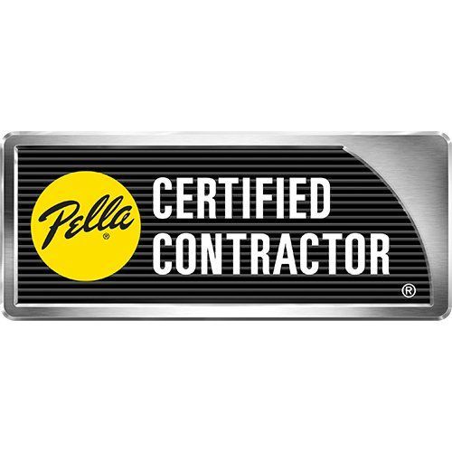 Pella Certified Contractor badge: Black and silver with yellow Pella logo and white text.