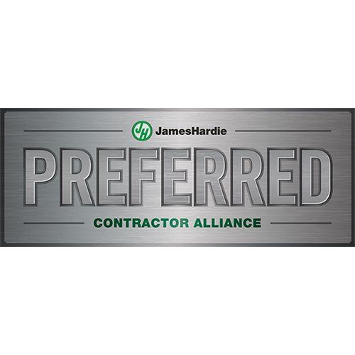 James Hardie Preferred Contractor Alliance logo on a brushed metal background.